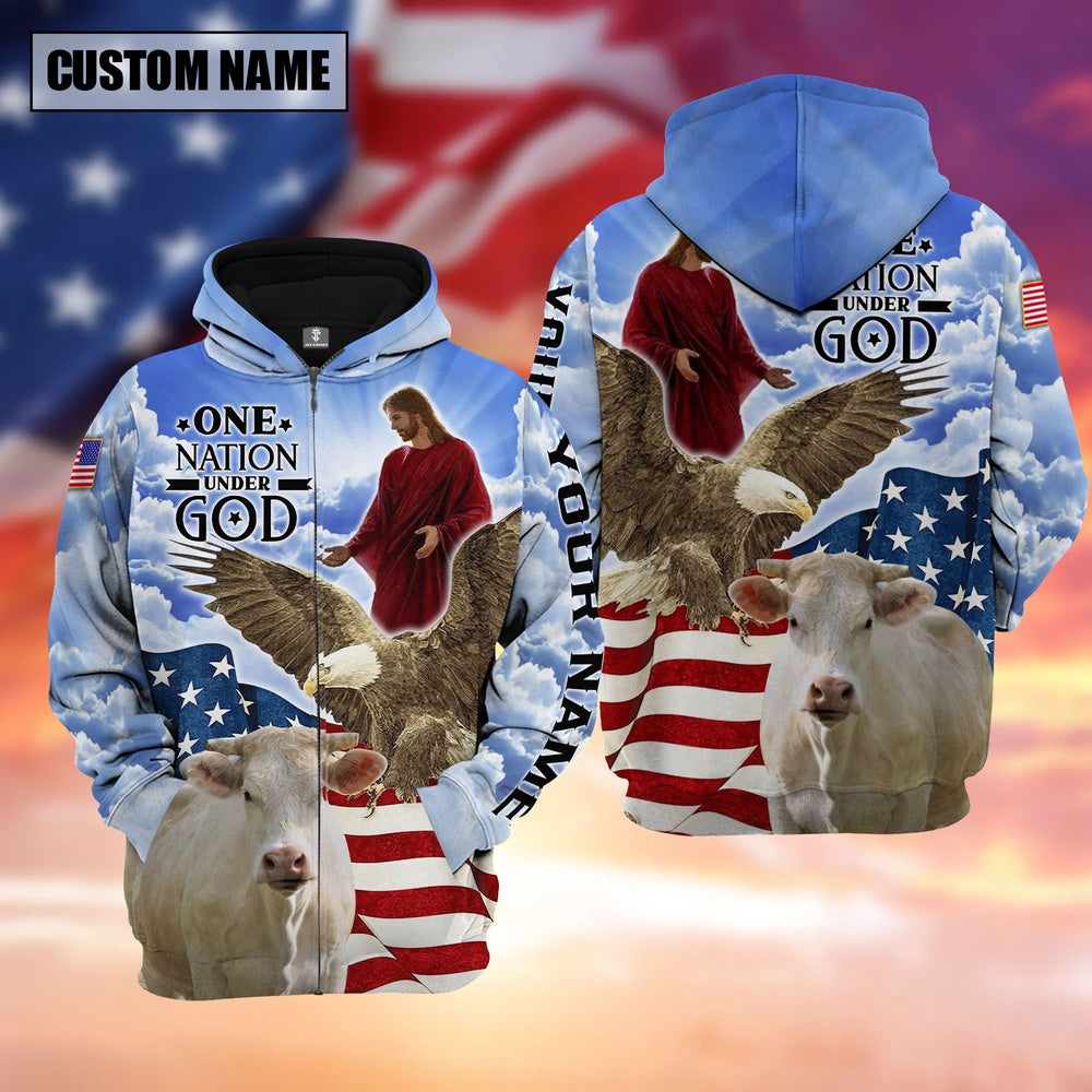 Farm Charolais One Nation Under God 3D Shirts, Farmer Hoodie, Custom Farm Shirts, Farmer T Shirt