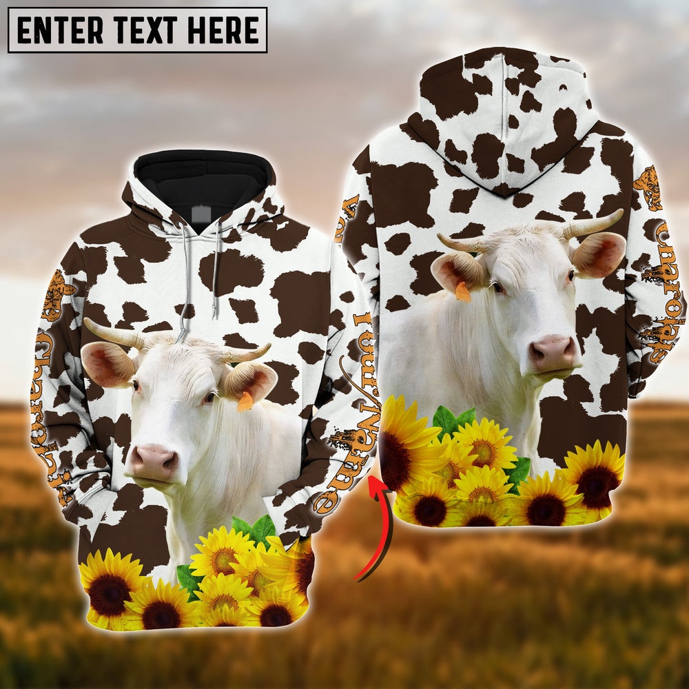 Farm Charolais Sunflower Pattern Customize Name 3D Shirts, Farmer Hoodie, Custom Farm Shirts, Farmer T Shirt