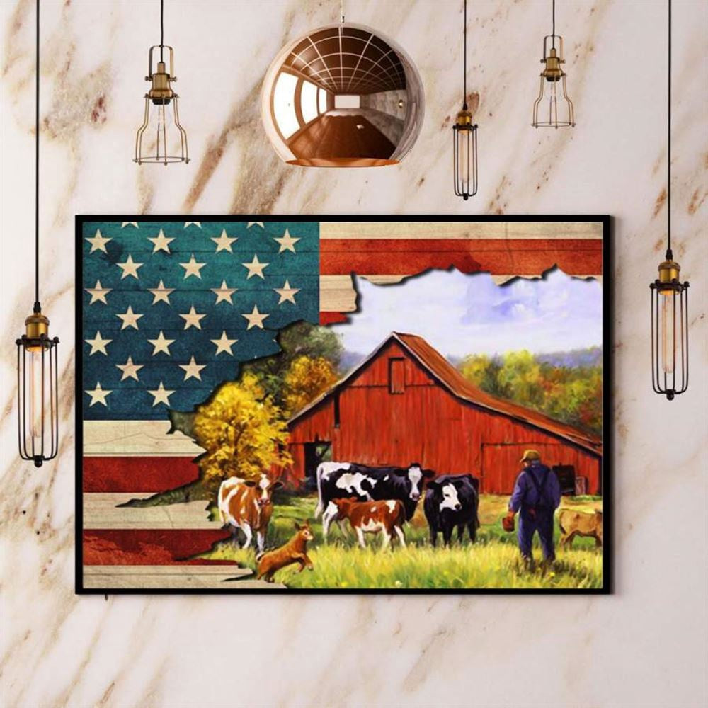 Farm Cow Deer Famer And Farmhouse American Flag Farm Lover Canvas, Farm Canvas, Farm Gift, Farm Home Decor
