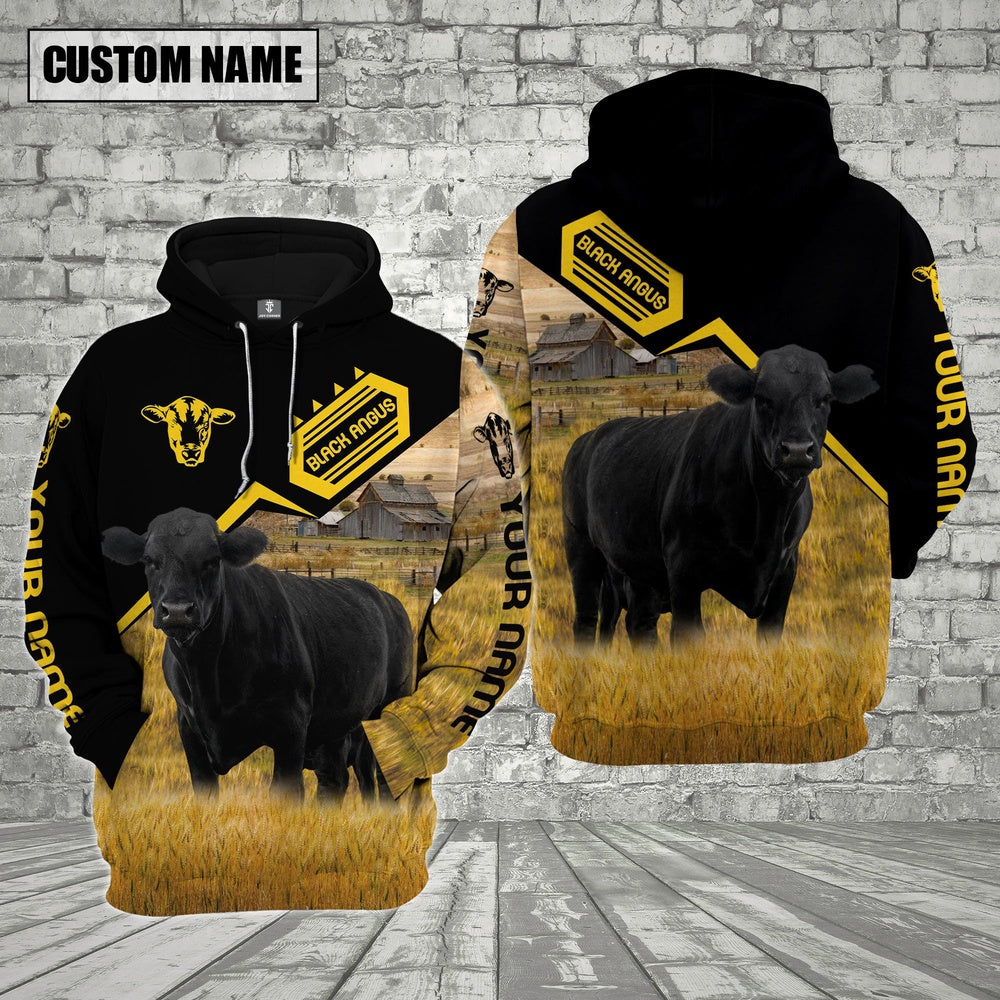 Farm Custom Name Black Angus Black Yellow 3D Printed Hoodie, Farmer Hoodie, Custom Farm Shirts, Farmer T Shirt