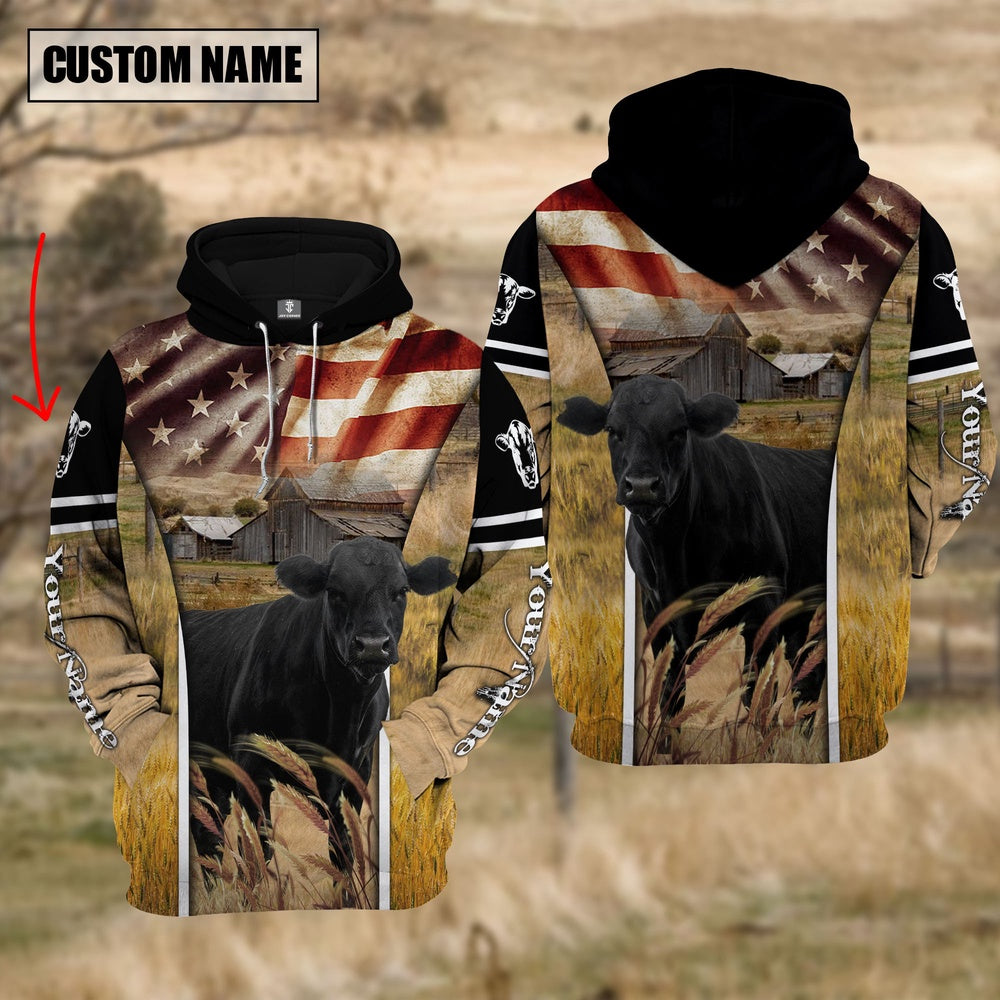 Farm Custom Name Black Angus On Farm US Flag 3D Printed Hoodie, Farmer Hoodie, Custom Farm Shirts, Farmer T Shirt
