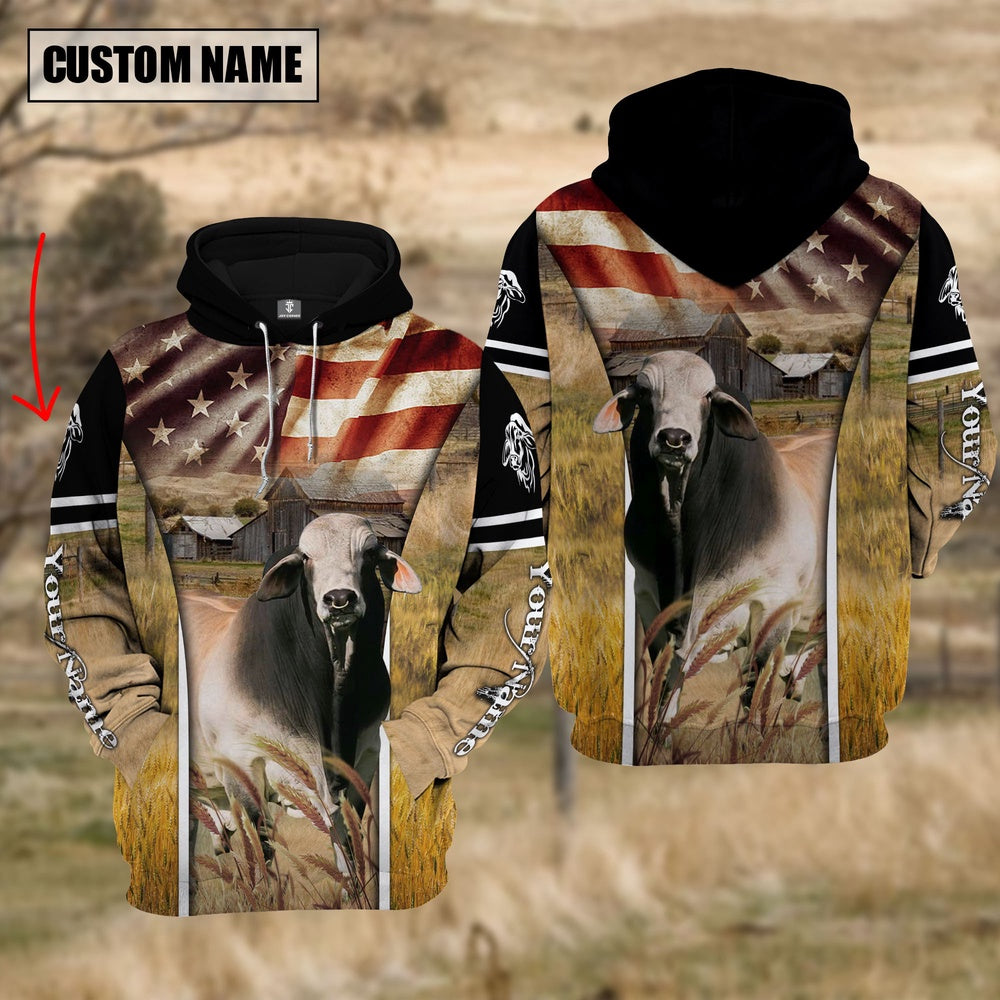 Farm Custom Name Brahman Cattle On Farm US Flag 3D Printed Hoodie, Farmer Hoodie, Custom Farm Shirts, Farmer T Shirt