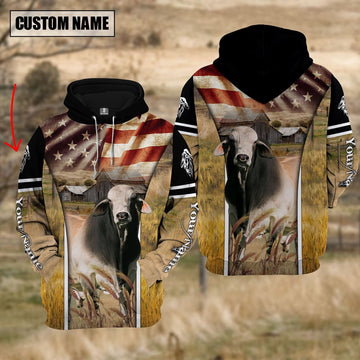 Farm Custom Name Brahman Cattle On Farm US Flag 3D Printed Hoodie, Farmer Hoodie, Custom Farm Shirts, Farmer T Shirt