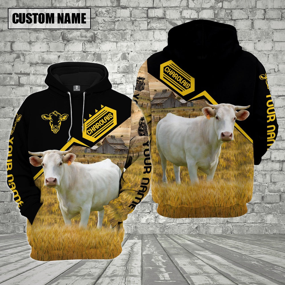 Farm Custom Name Charolais Cattle Black Yellow 3D Printed Hoodie, Farmer Hoodie, Custom Farm Shirts, Farmer T Shirt