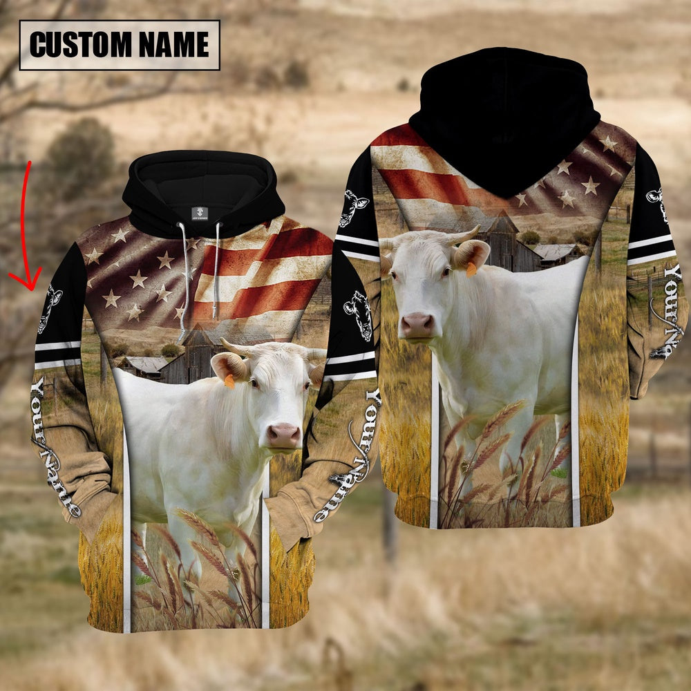 Farm Custom Name Charolais Cattle On Farm US Flag 3D Printed Hoodie, Farmer Hoodie, Custom Farm Shirts, Farmer T Shirt