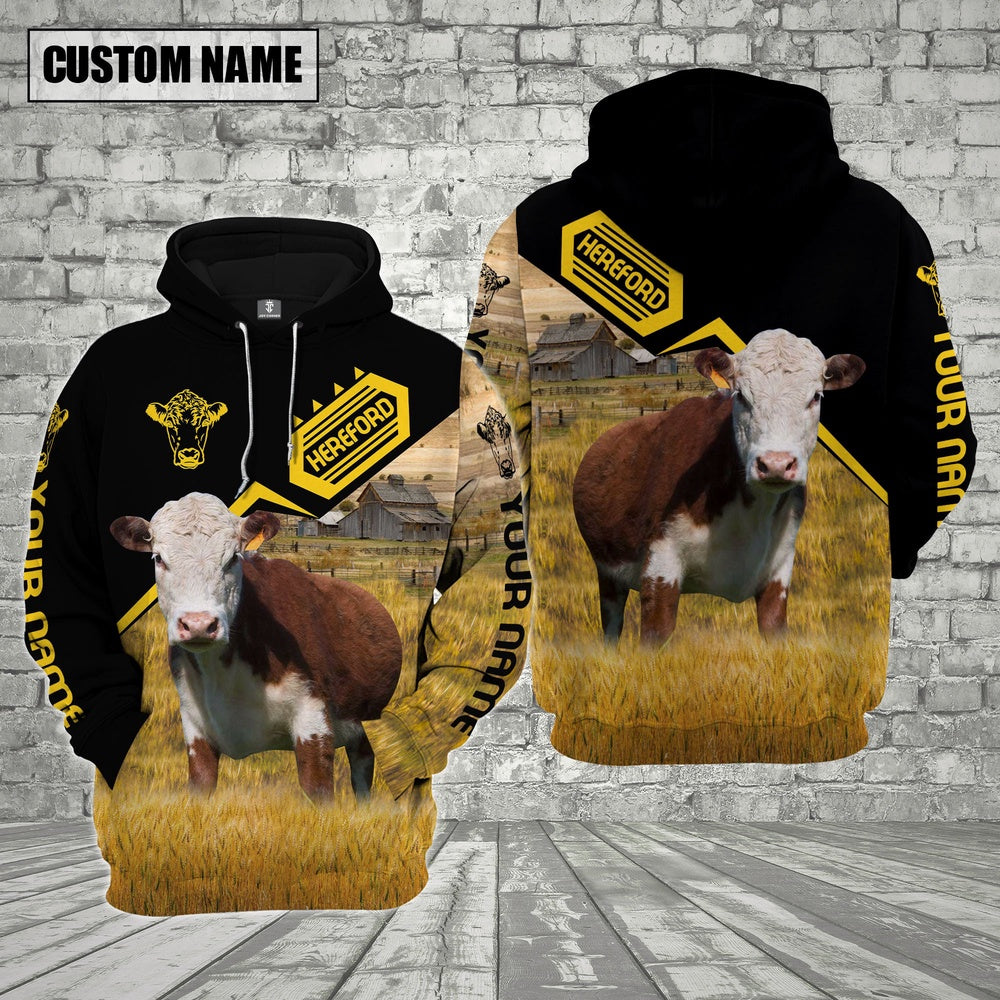 Farm Custom Name Hereford Cattle Black Yellow 3D Printed Hoodie, Farmer Hoodie, Custom Farm Shirts, Farmer T Shirt