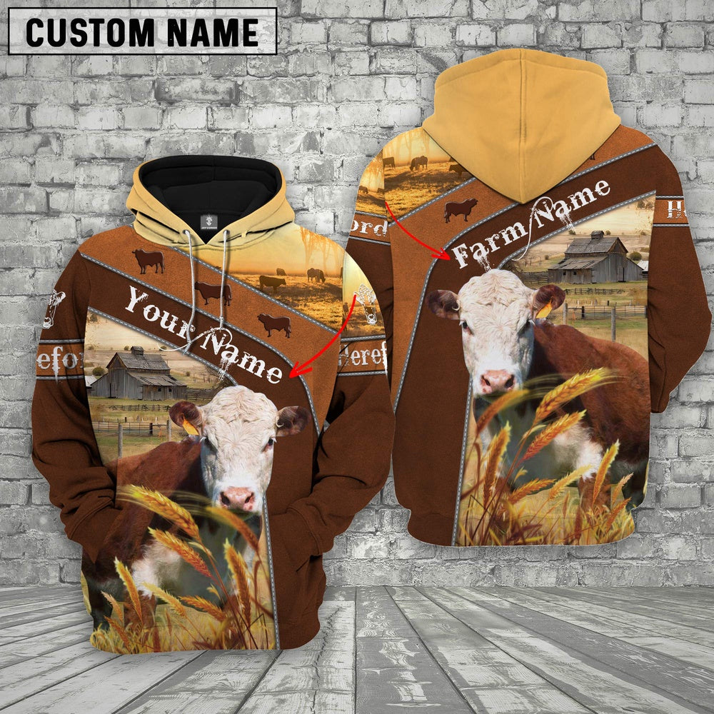 Farm Custom Name Hereford Cattle On Farm 3D Printed Hoodie, Farmer Hoodie, Custom Farm Shirts, Farmer T Shirt