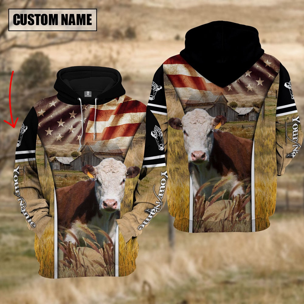 Farm Custom Name Hereford Cattle On Farm US Flag 3D Printed Hoodie, Farmer Hoodie, Custom Farm Shirts, Farmer T Shirt