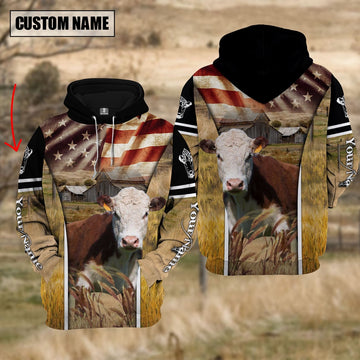 Farm Custom Name Hereford Cattle On Farm US Flag 3D Printed Hoodie, Farmer Hoodie, Custom Farm Shirts, Farmer T Shirt