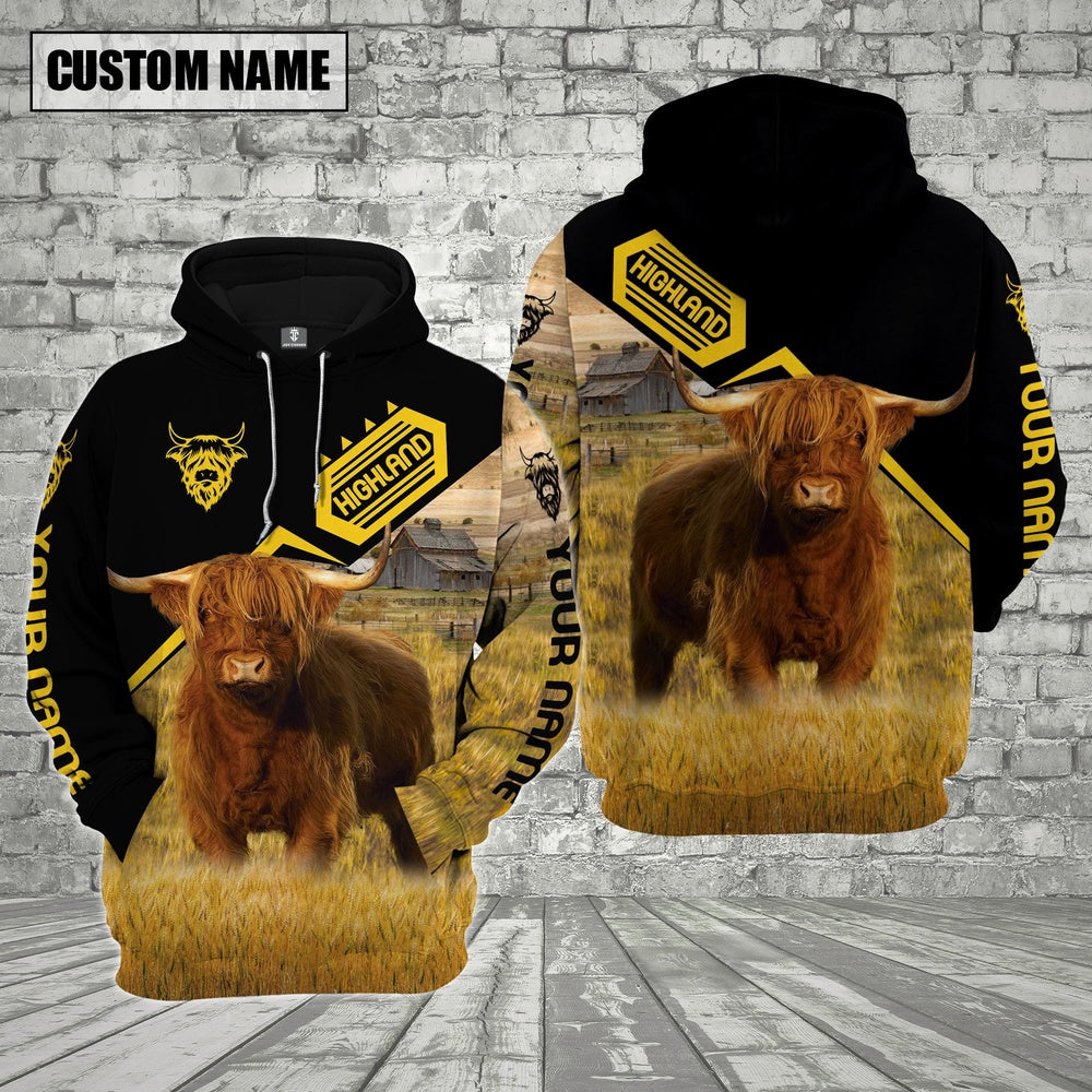 Farm Custom Name Highland Cattle Black Yellow 3D Printed Hoodie, Farmer Hoodie, Custom Farm Shirts, Farmer T Shirt