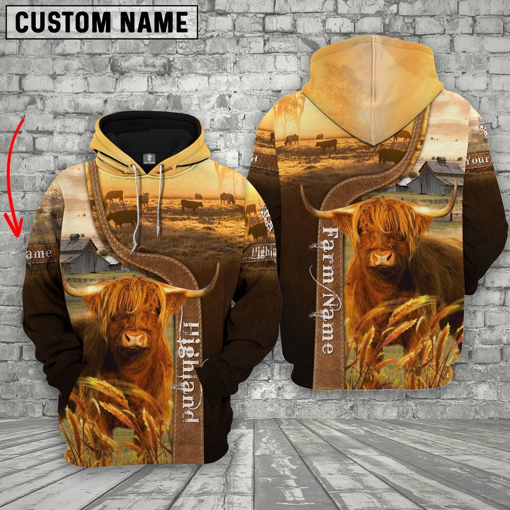 Farm Custom Name Highland Cattle Brown Gold 3D Printed Hoodie, Farmer Hoodie, Custom Farm Shirts, Farmer T Shirt