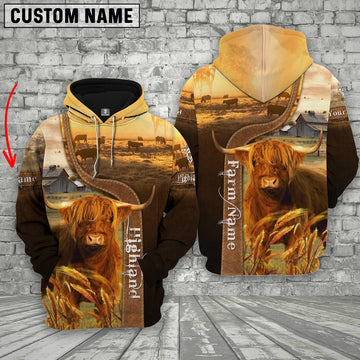 Farm Custom Name Highland Cattle Brown Gold 3D Printed Hoodie, Farmer Hoodie, Custom Farm Shirts, Farmer T Shirt