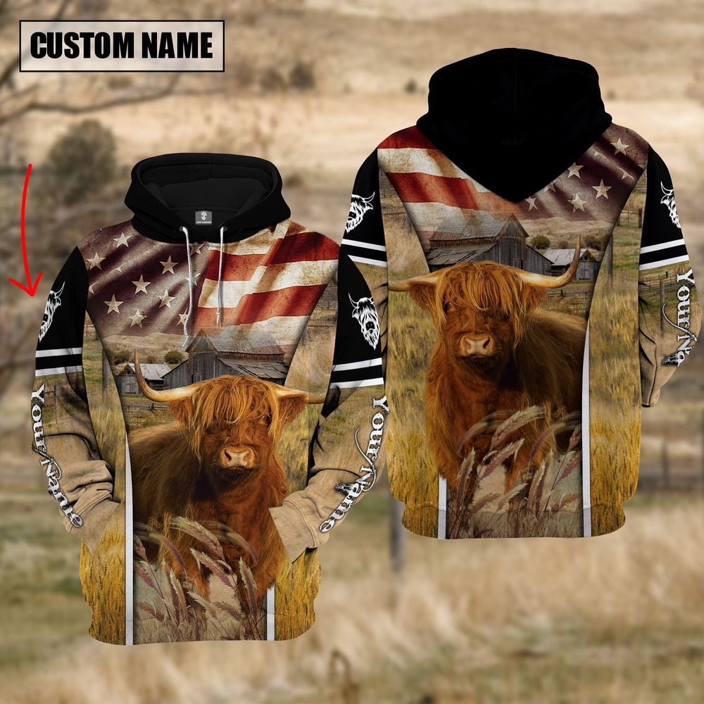 Farm Custom Name Highland Cattle On Farm US Flag 3D Printed Hoodie, Farmer Hoodie, Custom Farm Shirts, Farmer T Shirt