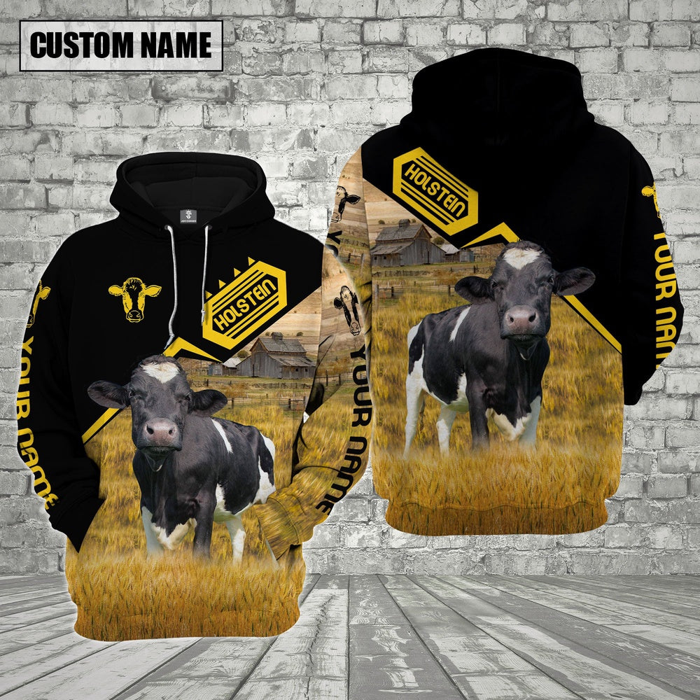 Farm Custom Name Holstein Black Yellow 3D Printed Hoodie, Farmer Hoodie, Custom Farm Shirts, Farmer T Shirt