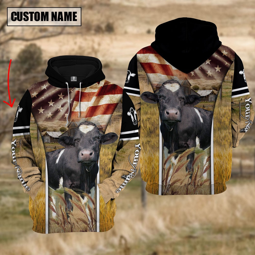 Farm Custom Name Holstein Cattle On Farm US Flag 3D Printed Hoodie, Farmer Hoodie, Custom Farm Shirts, Farmer T Shirt