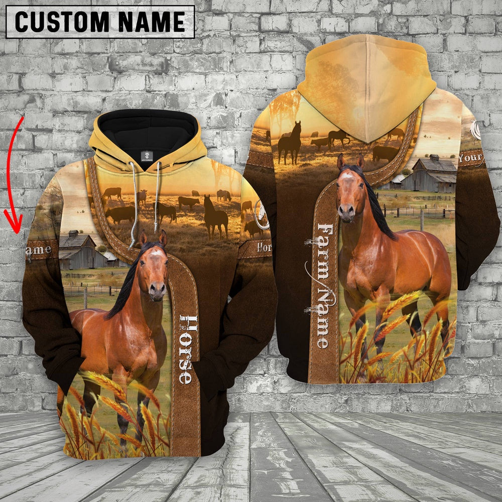 Farm Custom Name Horse Brown Gold 3D Printed Hoodie, Farmer Hoodie, Custom Farm Shirts, Farmer T Shirt