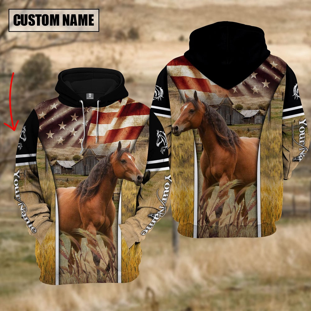 Farm Custom Name Horse On Farm US Flag 3D Printed Hoodie, Farmer Hoodie, Custom Farm Shirts, Farmer T Shirt