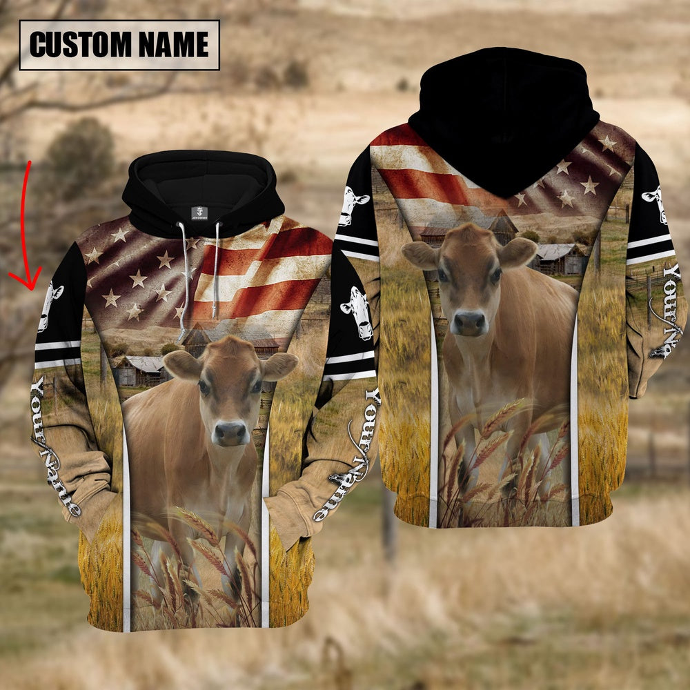 Farm Custom Name Jersey Cattle On Farm US Flag 3D Printed Hoodie, Farmer Hoodie, Custom Farm Shirts, Farmer T Shirt