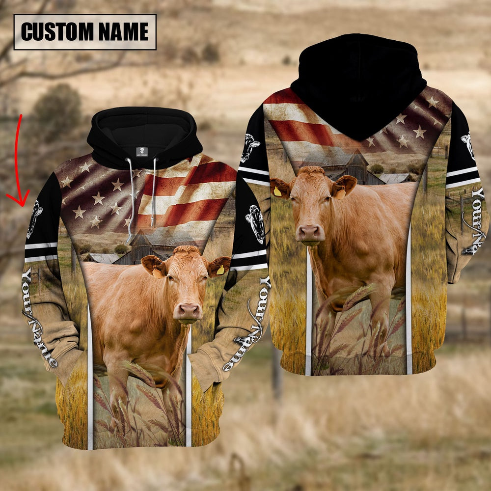Farm Custom Name Limousin Cattle On Farm US Flag 3D Printed Hoodie, Farmer Hoodie, Custom Farm Shirts, Farmer T Shirt