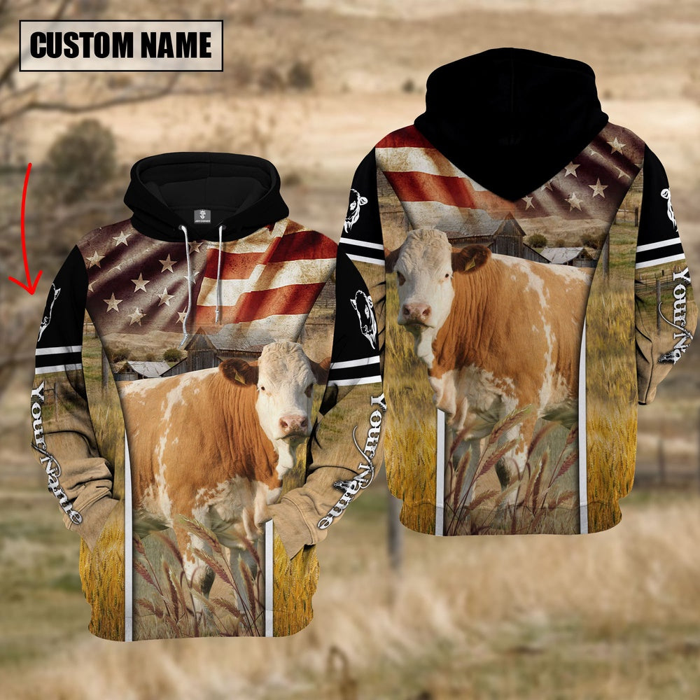 Farm Custom Name Simmental Cattle On Farm US Flag 3D Printed Hoodie, Farmer Hoodie, Custom Farm Shirts, Farmer T Shirt