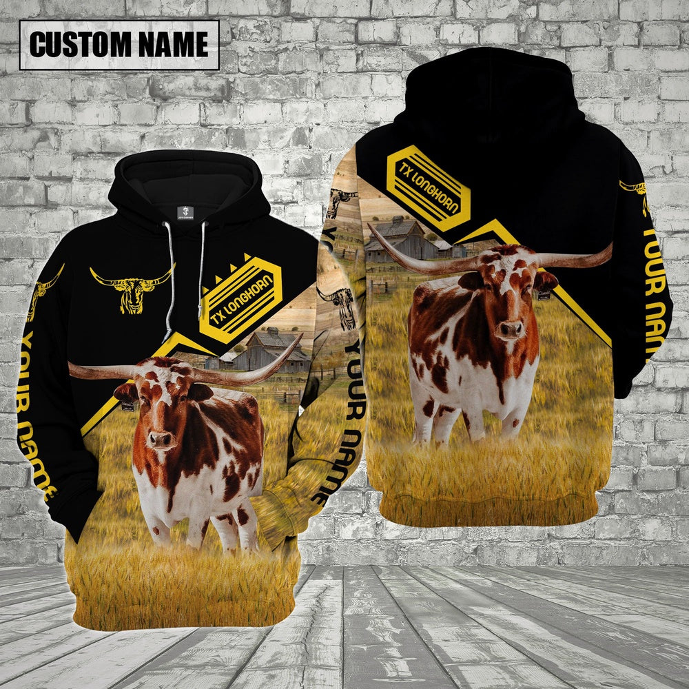 Farm Custom Name Texas Longhorn Black Yellow 3D Printed Hoodie, Farmer Hoodie, Custom Farm Shirts, Farmer T Shirt