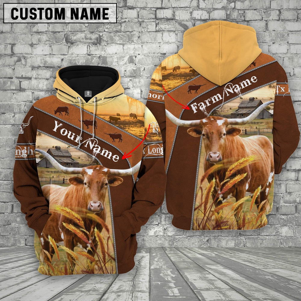 Farm Custom Name Texas Longhorn On Farm 3D Printed Hoodie, Farmer Hoodie, Custom Farm Shirts, Farmer T Shirt