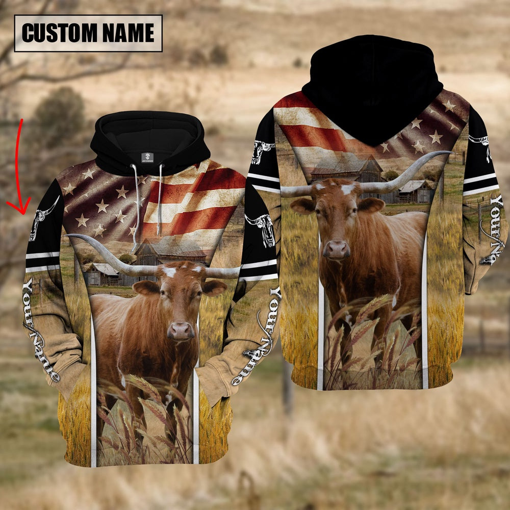 Farm Custom Name Texas Longhorn On Farm US Flag 3D Printed Hoodie, Farmer Hoodie, Custom Farm Shirts, Farmer T Shirt