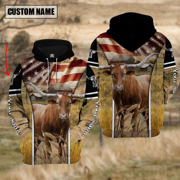 Farm Custom Name Texas Longhorn On Farm US Flag 3D Printed Hoodie, Farmer Hoodie, Custom Farm Shirts, Farmer T Shirt