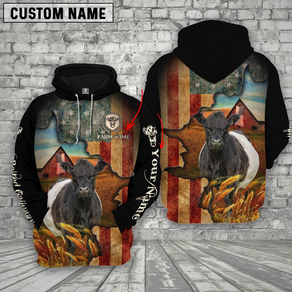 Farm Custom Text And Logo Belted Galloway US Flag 3D Printed Hoodie, Farmer Hoodie, Custom Farm Shirts, Farmer T Shirt