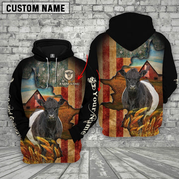 Farm Custom Text And Logo Belted Galloway US Flag 3D Printed Hoodie, Farmer Hoodie, Custom Farm Shirts, Farmer T Shirt