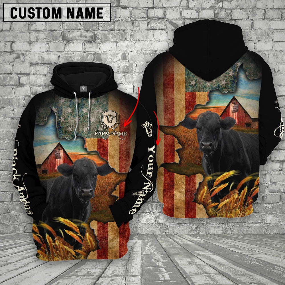 Farm Custom Text And Logo Black Angus US Flag 3D Printed Hoodie, Farmer Hoodie, Custom Farm Shirts, Farmer T Shirt