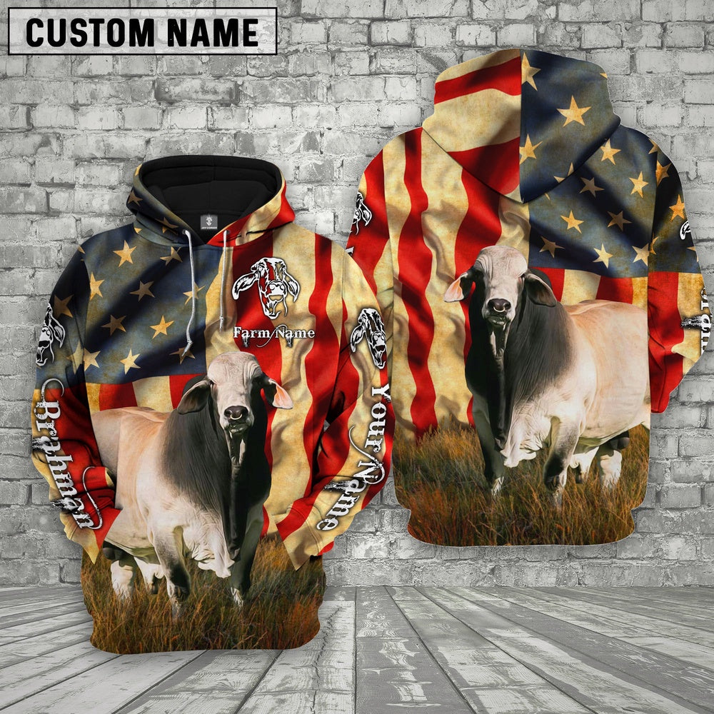 Farm Custom Text And Logo Brahman US Flag 3D Printed Hoodie, Farmer Hoodie, Custom Farm Shirts, Farmer T Shirt