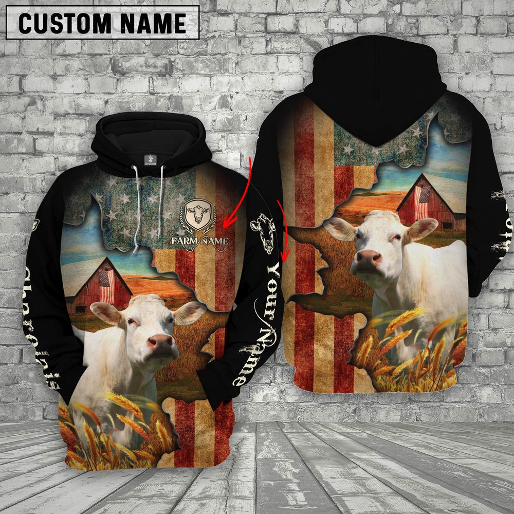 Farm Custom Text And Logo Charolais US Flag 3D Printed Hoodie, Farmer Hoodie, Custom Farm Shirts, Farmer T Shirt