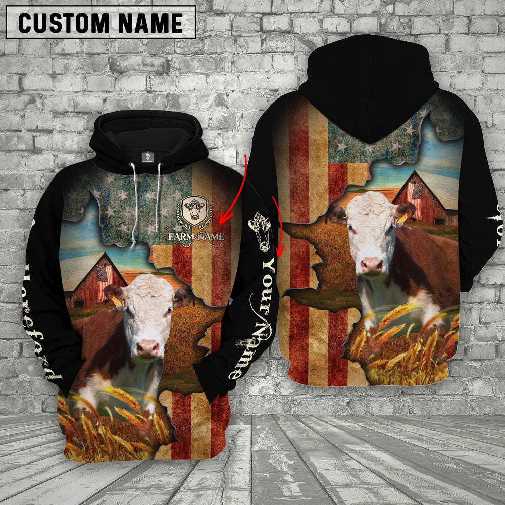 Farm Custom Text And Logo Hereford US Flag 3D Printed Hoodie, Farmer Hoodie, Custom Farm Shirts, Farmer T Shirt