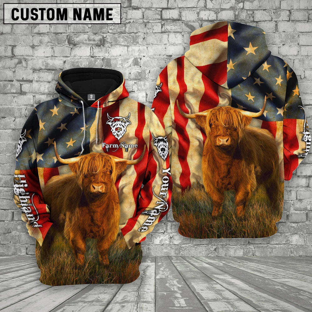Farm Custom Text And Logo Highland Cattle US Flag 3D Printed Hoodie, Farmer Hoodie, Custom Farm Shirts, Farmer T Shirt