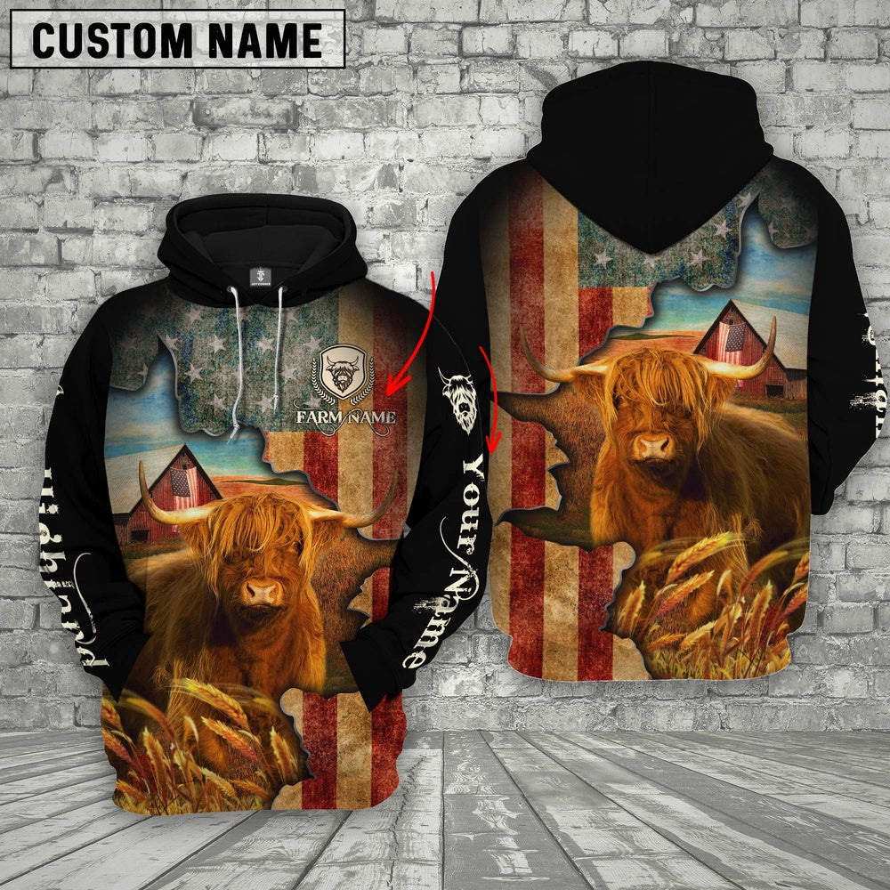 Farm Custom Text And Logo Highland US Flag 3D Printed Hoodie, Farmer Hoodie, Custom Farm Shirts, Farmer T Shirt