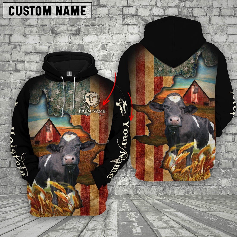 Farm Custom Text And Logo Holstein US Flag 3D Printed Hoodie, Farmer Hoodie, Custom Farm Shirts, Farmer T Shirt