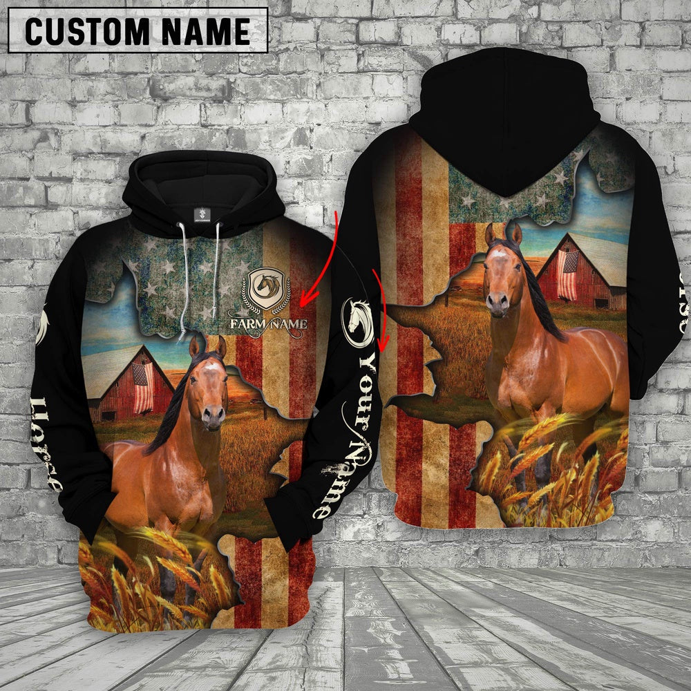 Farm Custom Text And Logo Horse US Flag 3D Printed Hoodie, Farmer Hoodie, Custom Farm Shirts, Farmer T Shirt