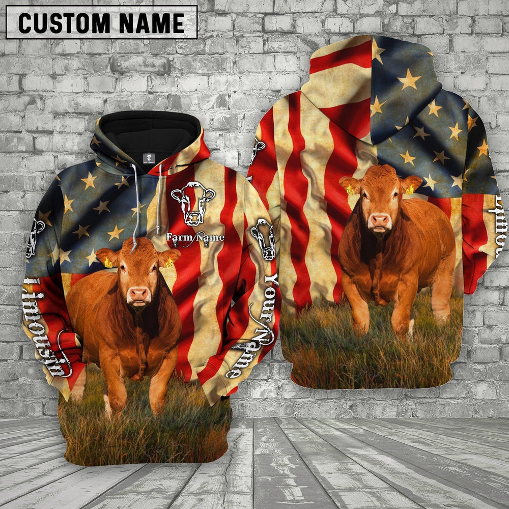Farm Custom Text And Logo Limousin US Flag 3D Printed Hoodie, Farmer Hoodie, Custom Farm Shirts, Farmer T Shirt