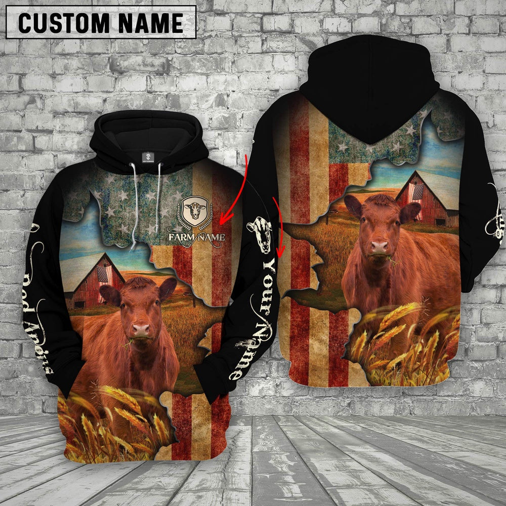 Farm Custom Text And Logo Red Angus US Flag 3D Printed Hoodie, Farmer Hoodie, Custom Farm Shirts, Farmer T Shirt