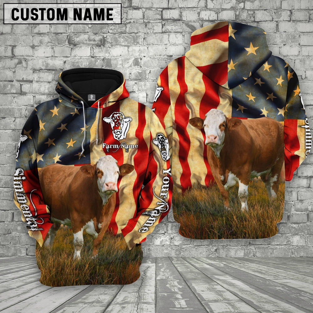 Farm Custom Text And Logo Simmental US Flag 3D Printed Hoodie, Farmer Hoodie, Custom Farm Shirts, Farmer T Shirt