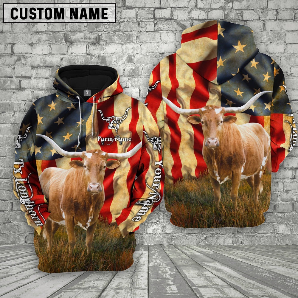 Farm Custom Text And Logo Texas Longhorn US Flag 3D Printed Hoodie, Farmer Hoodie, Custom Farm Shirts, Farmer T Shirt