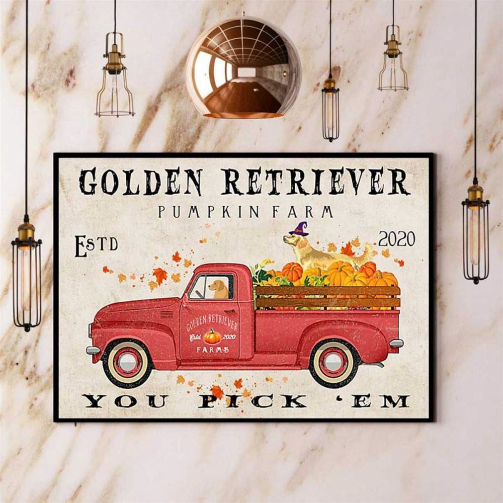 Farm Golden Retriever Pumpkin Truck Autumn Leaves Pumpkin Farm Canvas, Farm Canvas, Farm Gift, Farm Home Decor