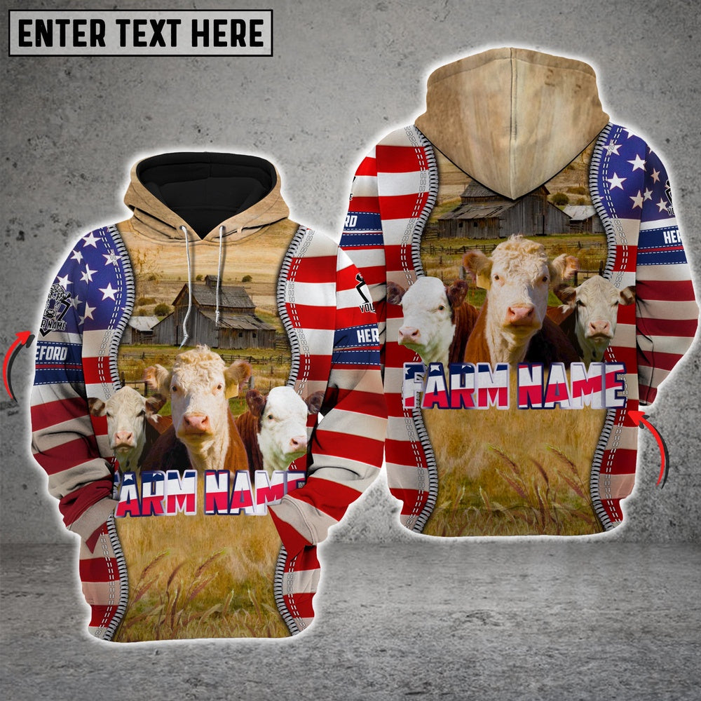 Farm Hereford America Pride Custom Name And Farm Name 3D Shirts, Farmer Hoodie, Custom Farm Shirts, Farmer T Shirt