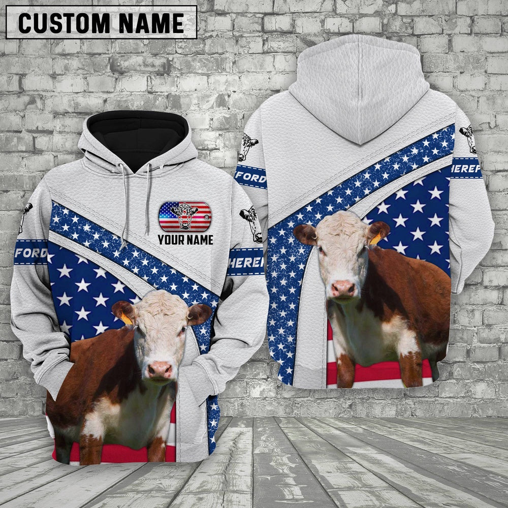 Farm Hereford American Flag Custom Name 3D Shirts, Farmer Hoodie, Custom Farm Shirts, Farmer T Shirt
