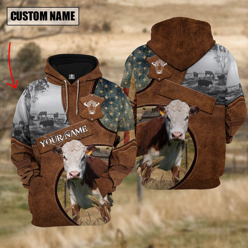 Farm Hereford American Leather Pattern Customized Name 3D Custom Name Shirts, Farmer Hoodie, Custom Farm Shirts, Farmer T Shirt