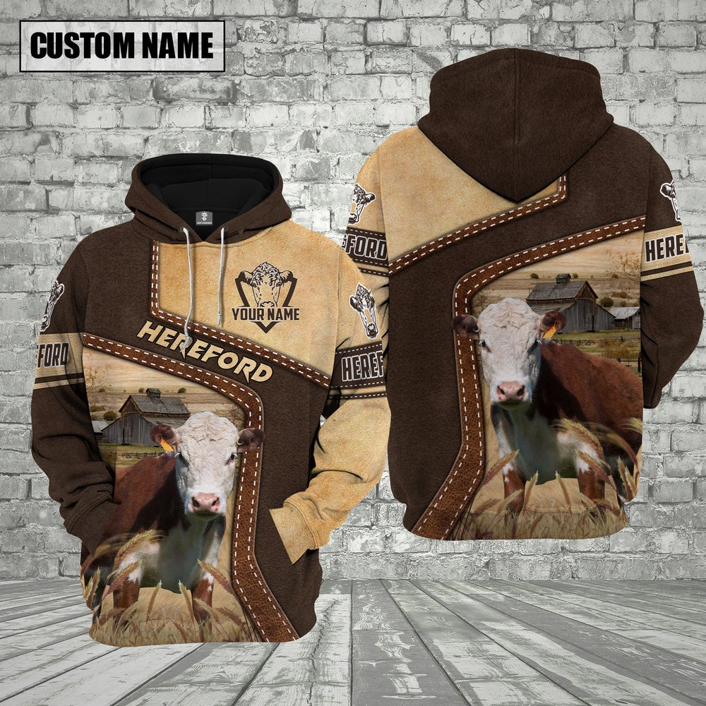 Farm Hereford Cattle Brown Leather Pattern Custom Name 3D Shirts, Farmer Hoodie, Custom Farm Shirts, Farmer T Shirt