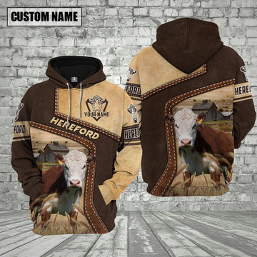 Farm Hereford Cattle Brown Leather Pattern Custom Name 3D Shirts, Farmer Hoodie, Custom Farm Shirts, Farmer T Shirt