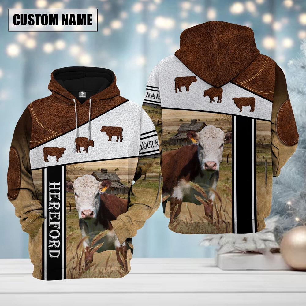 Farm Hereford Cattle Brown Leather Pattern Custom Name Shirts, Farmer Hoodie, Custom Farm Shirts, Farmer T Shirt