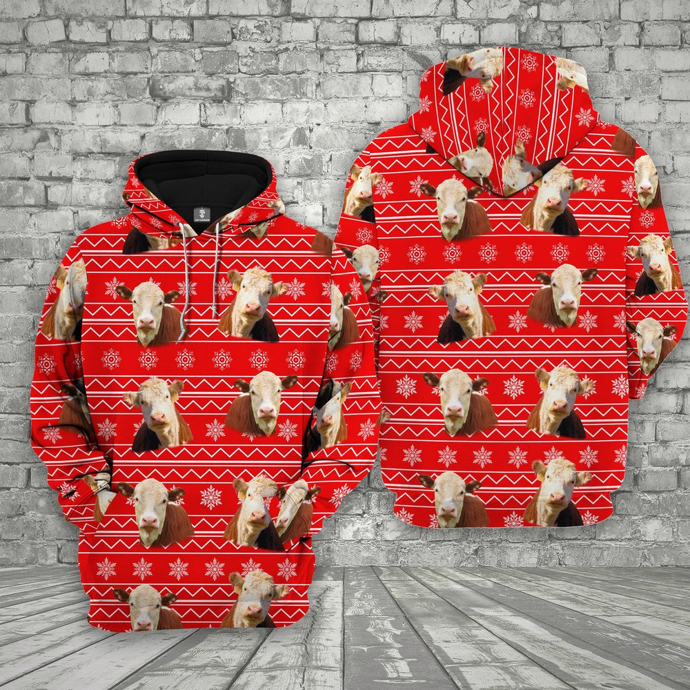 Farm Hereford Cattle Christmas Pattern 3D Printed Hoodie, Farmer Hoodie, Farm Themed Shirts, Farm Tee Shirts